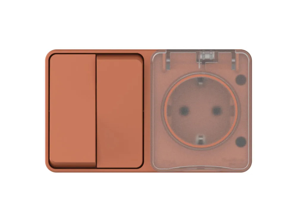 ATLASDESIGN PROFI IP54 О/У БЛОК: РОЗЕТКА с заземл. со шт., 16А, ВЫКЛЮЧАТЕЛЬ 2-клав., 10АХ, ТЕРРАКОТОВЫЙ