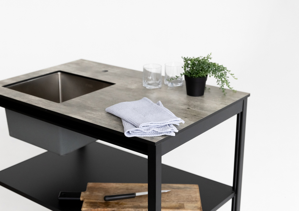 Стол разделочный с мойкой Lounge B-02S-L, 90 см, черный/серый каспий