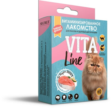 Витаминное лакомство Secret VitaLine Лосось с биотином для кошек 60 шт