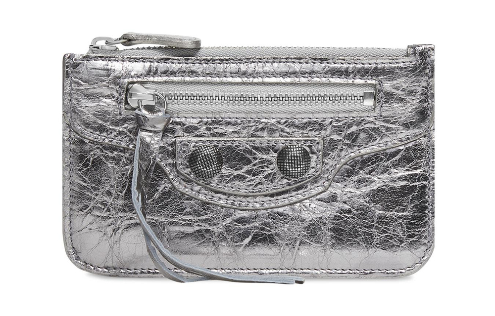 Balenciaga Le Cagole Metallic Finish Fine Grained Sheepskin Card Holder Card Holder Women"s Silver