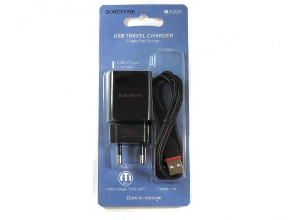 Сетевое зар. устр. Borofone BA20A с шнуром Type-C 1USB 2.1A черное