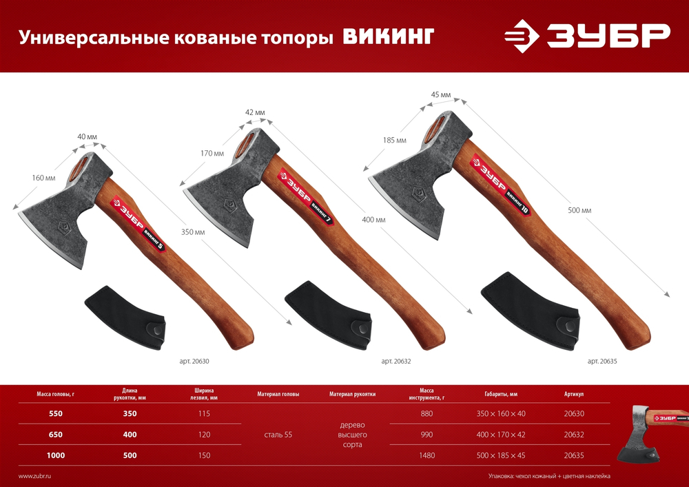 ЗУБР ВИКИНГ-10, 1100/1450 г, 500 мм, универсальный кованый топор (20635)