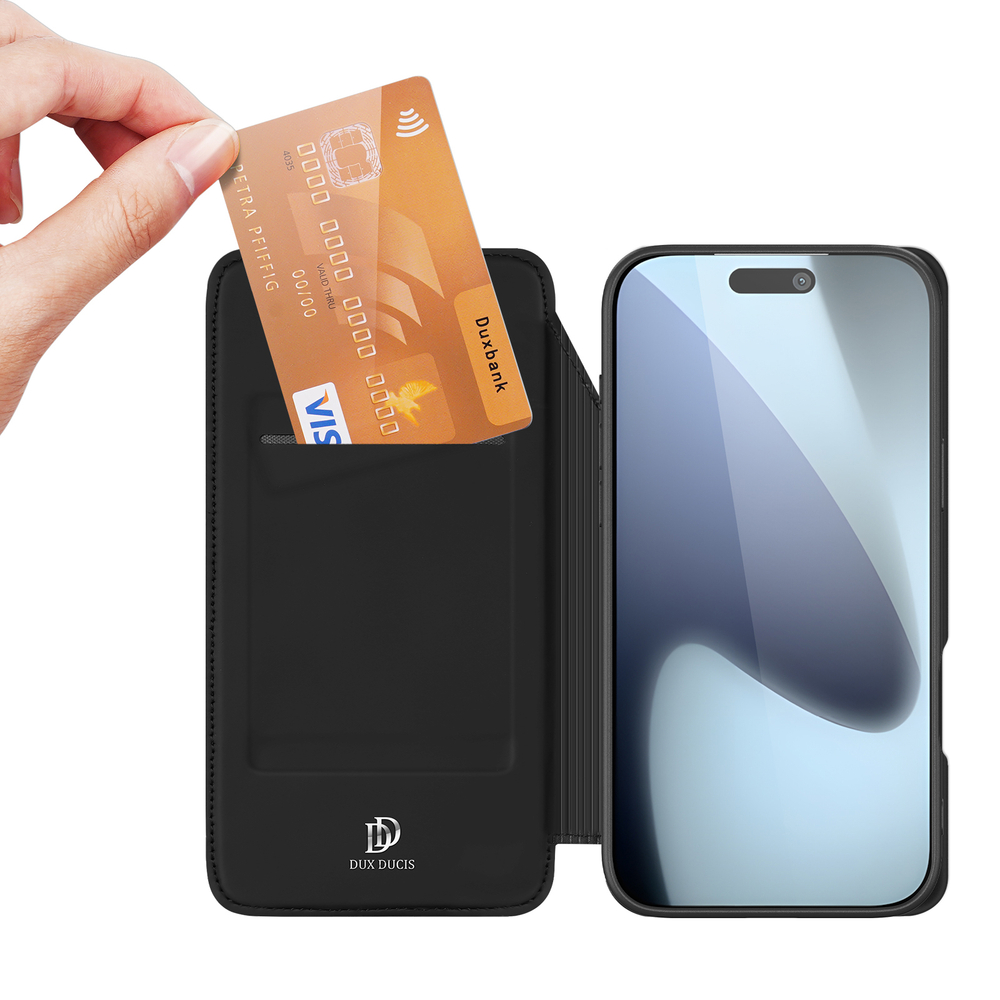 Чехол книжка из черной кожи для iPhone 17 Pro, серия Skin Pro Series от Dux Ducis