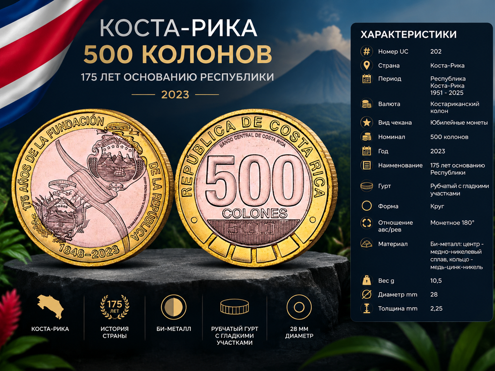 Коста-Рика 500 колонов, 2023 175 лет основанию Республики