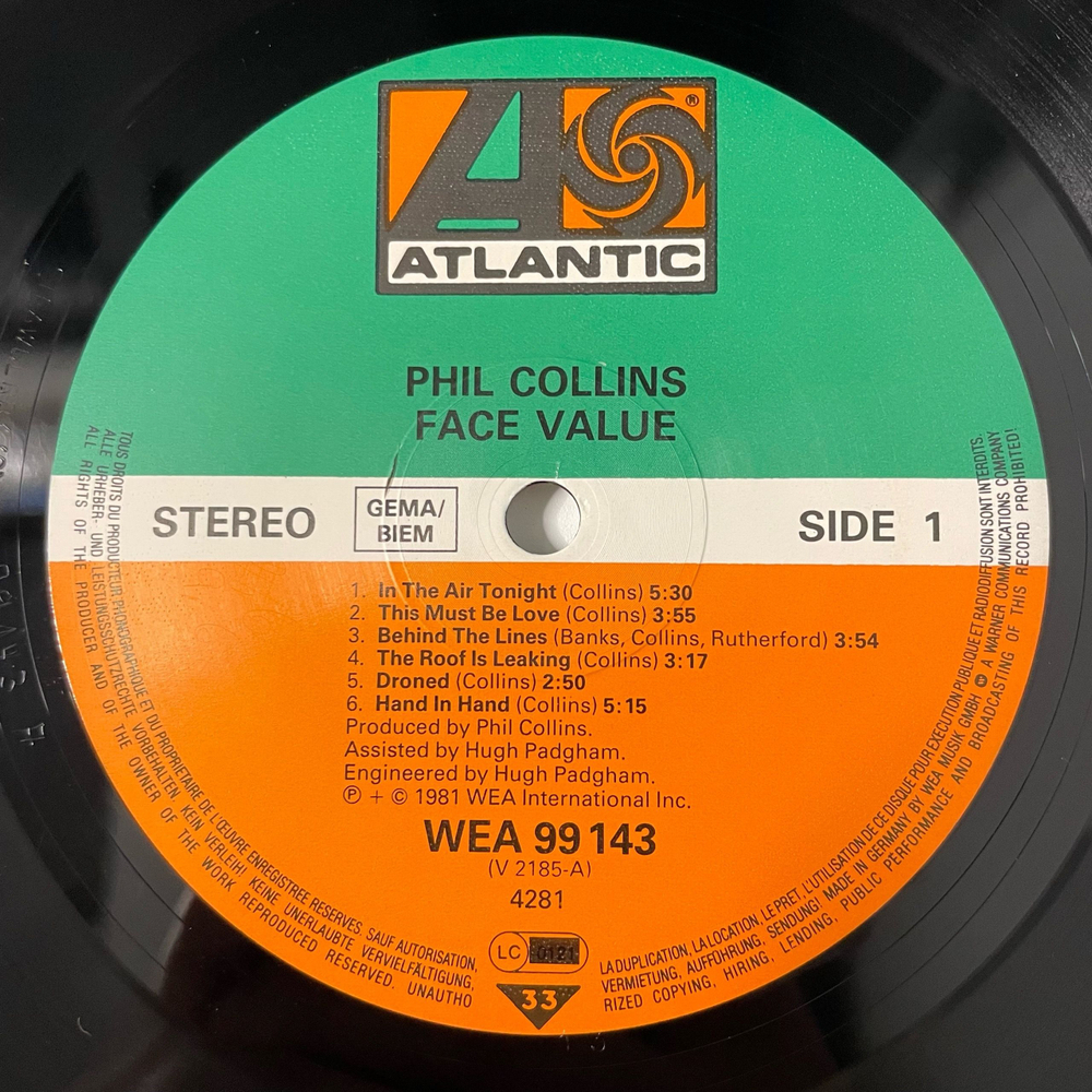 Винтажная виниловая пластинка LP Phil Collins Face Value (Германия 1981)
