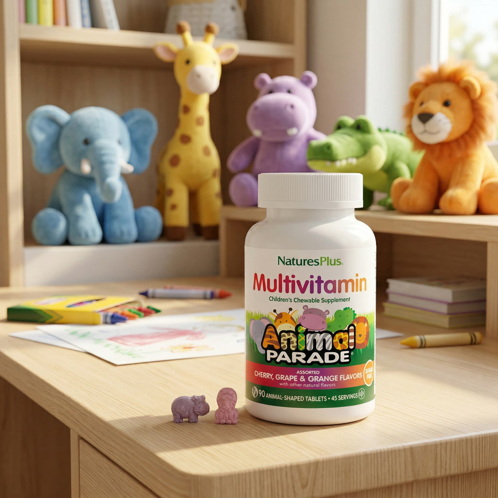 NaturesPlus, Animal Parade, мультивитамины, жевательная добавка для детей, со вкусом вишни, винограда и апельсина, 90 таблеток в форме животных