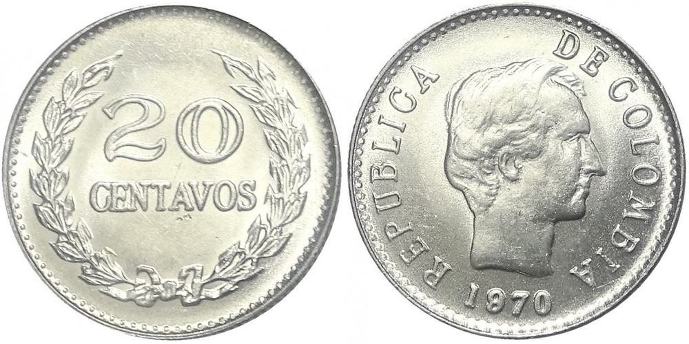 Колумбия 20 сентаво, 1970 Франсиско де Паула Сантандер XF