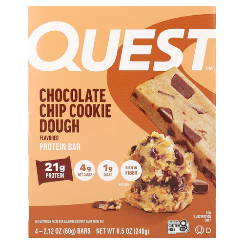 Quest Nutrition, Протеиновый батончик, тесто с шоколадной крошкой, 4 батончика, 60 г (2,12 унции)