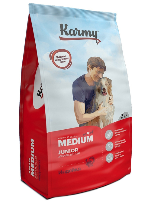Сухой корм Karmy Medium Junior для щенков средних пород, индейка, 2 кг