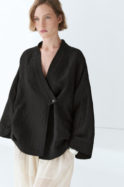 Massimo Dutti Фактурное кимоно из смесового льна с V-образным вырезом, черный