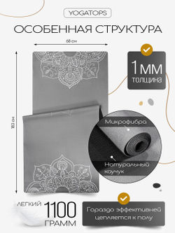 Легкий и тонкий коврик для йоги Mandala Grey 185*68*0,1 см из микрофибры и каучука (уценка)