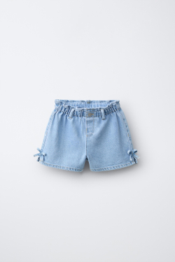 ZARA ДЖИНСОВЫЕ ШОРТЫ С БАНТИКАМИ, ВЫЦВЕТШИЙ СИНИЙ