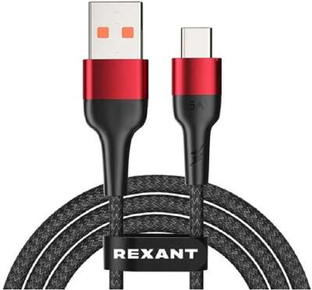 Кабель USB-A – Type-C, 5А, 50Вт, 1м, в черной нейлоновой оплетке REXANT 18-7066