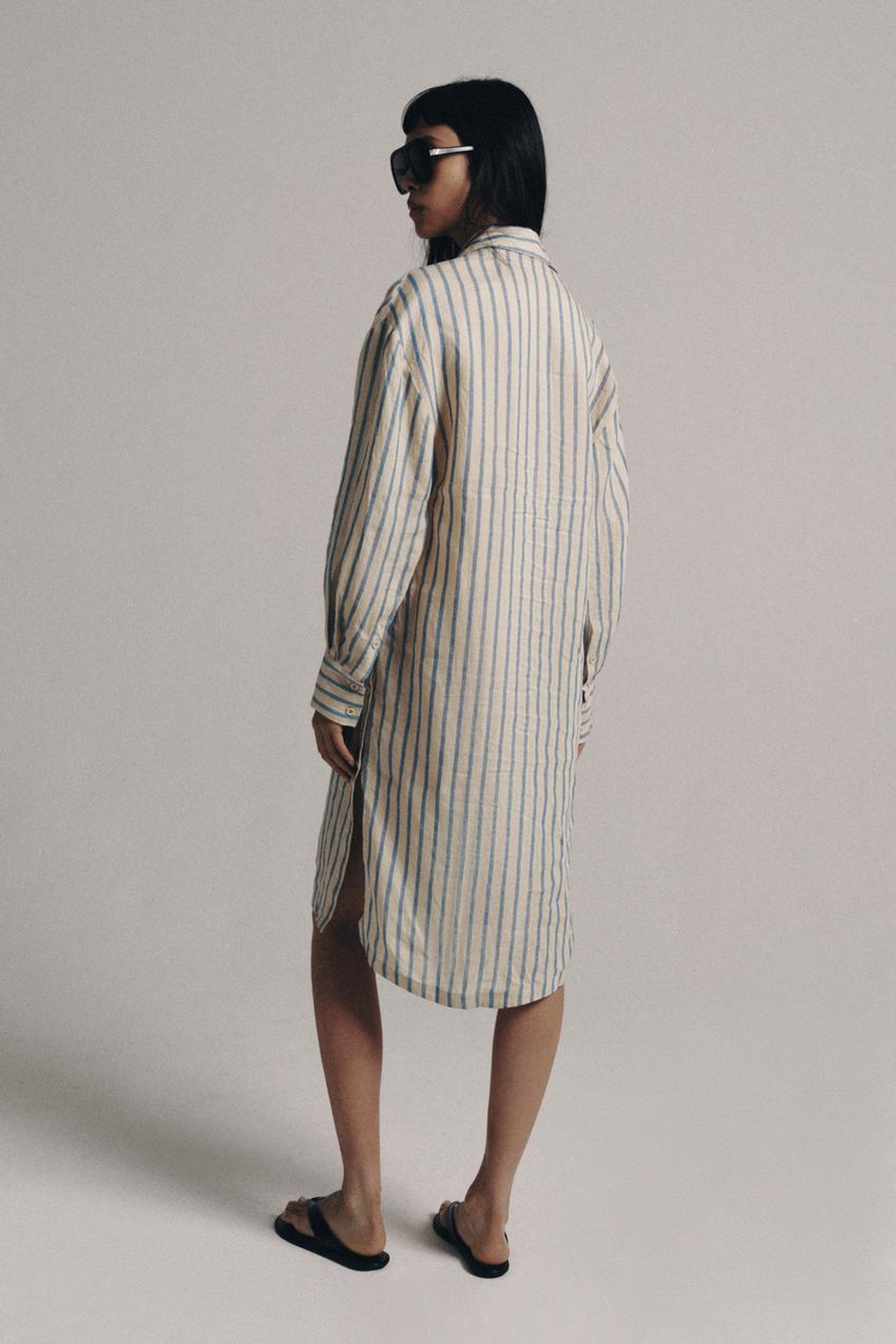 ZARA ПЛАТЬЕ-РУБАШКА В ПОЛОСКУ ИЗ 100% ЛЬНА — ZW COLLECTION, СИНИЙ