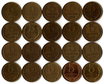 Набор 5 копеек СССР 1961,62,74,76,77,78,79,80,81,82,83,84,85,86,87,88,89,90,91М,91Л гг. (20 монет) VF.