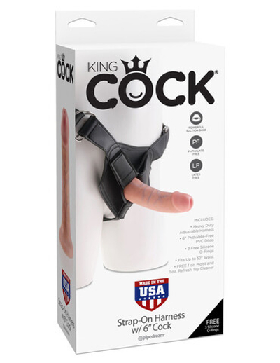 Страпон Harness со съемной насадкой на регулируемых ремнях King Cock 6" (Цвет: телесный с черным)