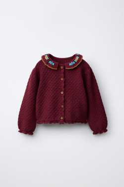 ZARA ТРИКОТАЖНЫЙ КАРДИГАН С ВЫШИВКОЙ ИЗ ХЛОПКА И ЛЬНА, ТЕМНО-БОРДОВЫЙ