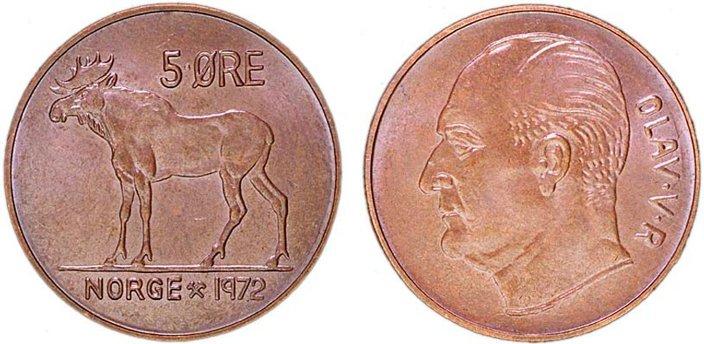 Норвегия 5 эре, 1972 Король Улаф V - Лось XF