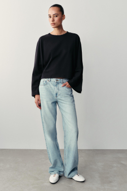 ZARA ХЛОПКОВАЯ ФУТБОЛКА С ШИРОКИМИ РУКАВАМИ, МОРСКОЙ СИНИЙ