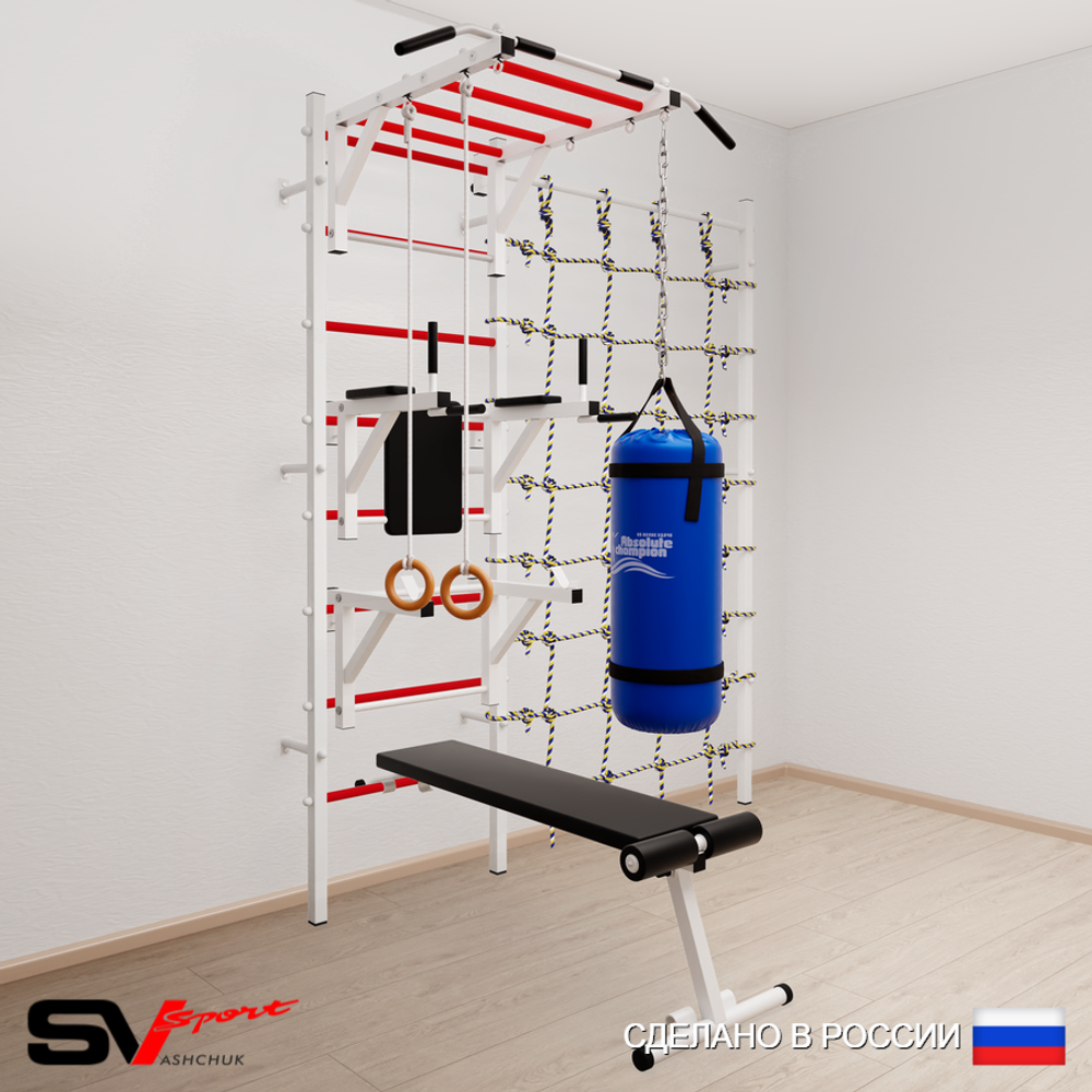 Шведская стенка Sv Sport усиленная 66110 (Турник рукоход/Брусья/Стойка/Скамья/Кольца/Цепь/Мешок 15кг/Канатный лаз)