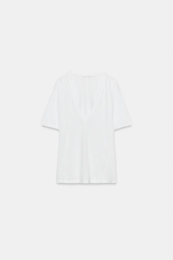 ZARA ФУТБОЛКА С V-ОБРАЗНЫМ ВЫРЕЗОМ, БЕЛЫЙ