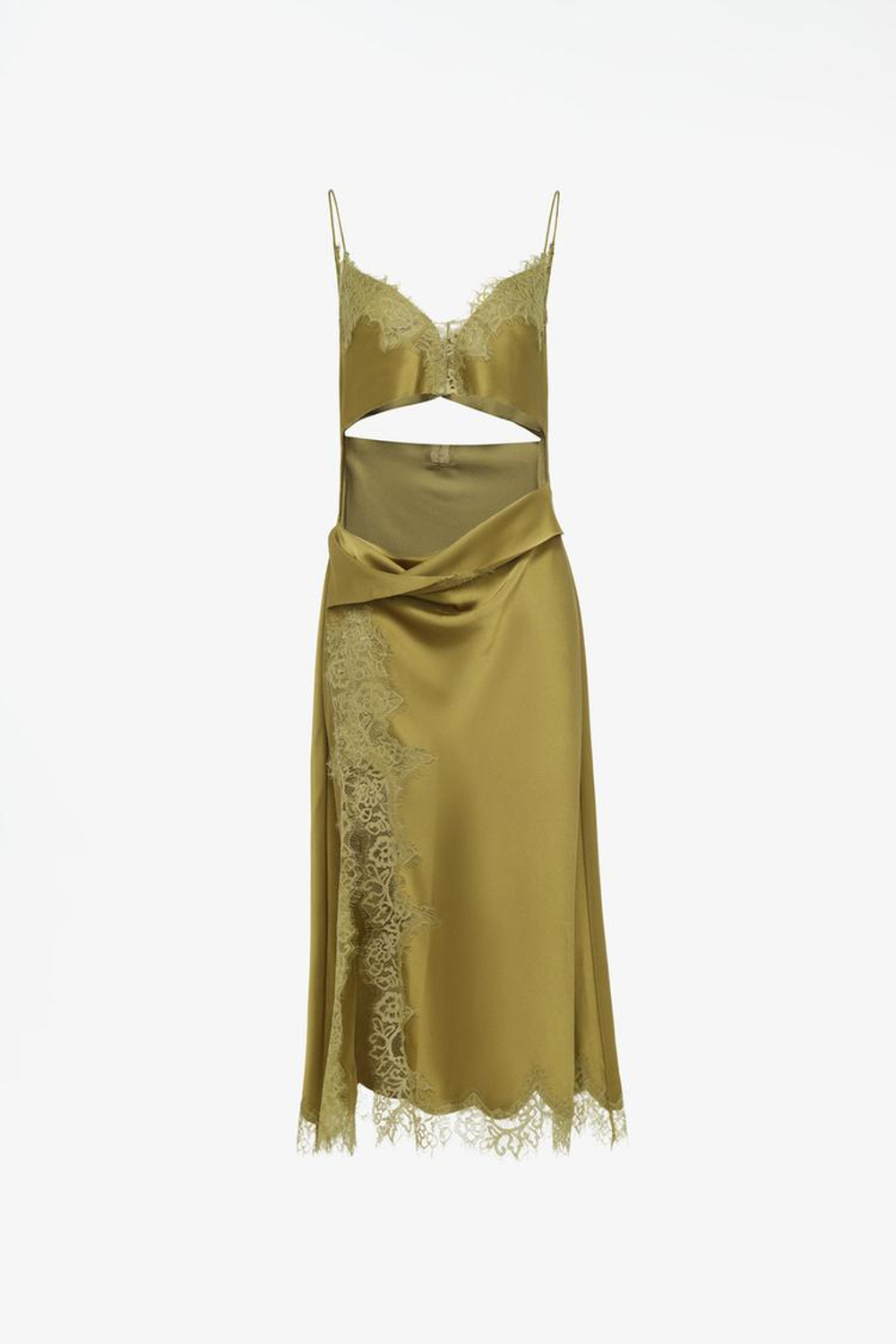 ZARA X JOHN GALLIANO АТЛАСНОЕ ПЛАТЬЕ С КРУЖЕВНЫМИ ВСТАВКАМИ LIMITED EDITION, СВЕТЛО-ЗЕЛЕНЫЙ