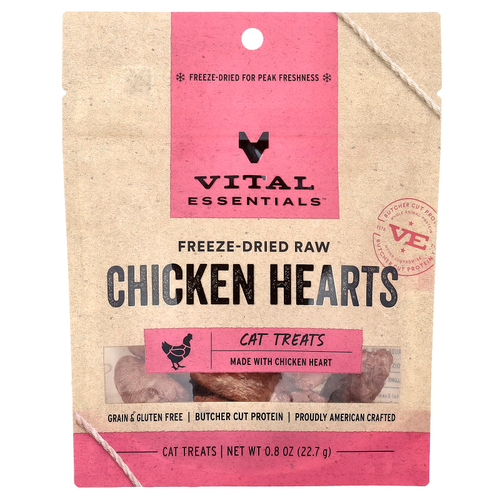 Vital Essentials, сублимированные лакомства для кошек из необработанных ингредиентов, куриные сердечки, 22,7 г (0,8 унции)