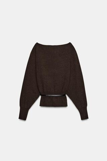 ZARA ВЯЗАНЫЙ СВИТЕР С ПОЯСОМ, ШОКОЛАДНЫЙ