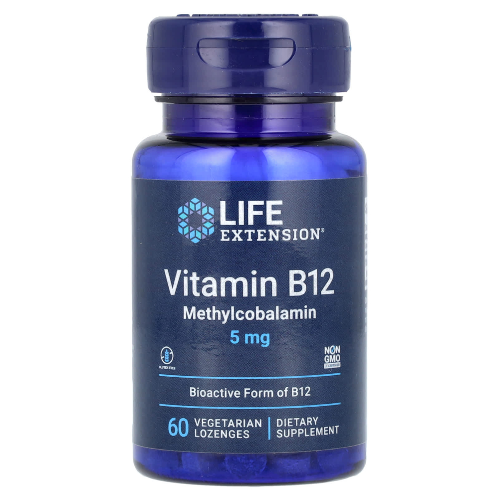 Life Extension, витамин B12, метилкобаламин, 5 мг, 60 вегетарианских пастилок