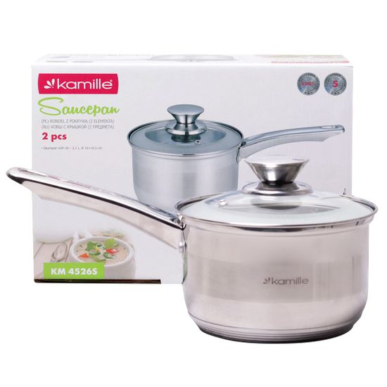 Ковш 2,1 л. из нержавеющей стали со стеклянной крышкой Kamille KM 4526S (d16х10,5 см)