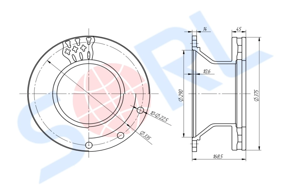 Диск тормозной 375/290x45/168.5 n10-335-22.5 SCHMITZ (1088133) SORL