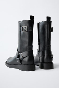 ZARA БАЙКЕРСКИЕ БОТИНКИ С ПРЯЖКАМИ, ЧЕРНЫЙ