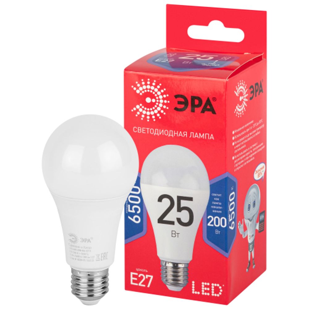 Лампа светодиодная ЭРА RED LINE LED A65-25W-865-E27 R 25Вт груша холодный дневной свет Е27 | Лампы cветодиодные Груша (A)