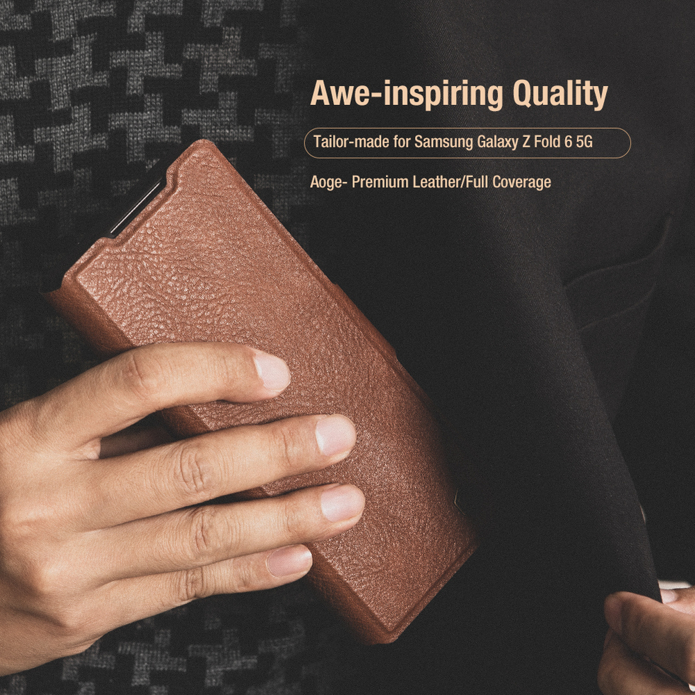 Кожаный чехол коричневого цвета от Nillkin для Samsung Galaxy Z Fold 6 5G, серия Aoge Leather Case с эластичным карманом для хранения S-pen