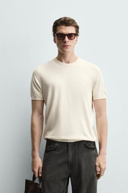 ZARA ФУТБОЛКА ИЗ СМЕСОВОЙ ВИСКОЗЫ, ЭКРЮ