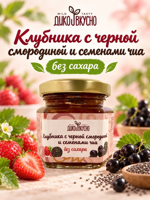 Десерт Клубника с Черной смородиной и семенами чиа / 100гр/ БЕЗ САХАРА/ стеклобанка/ ТМ Дико Вкусно