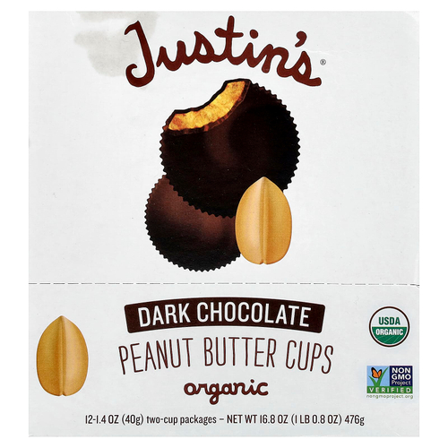 Justin's Nut Butter, Organic Peanut Butter Cups, Dark Chocolate, 12 Two-Cup Packages, 16.8 oz (476 g)