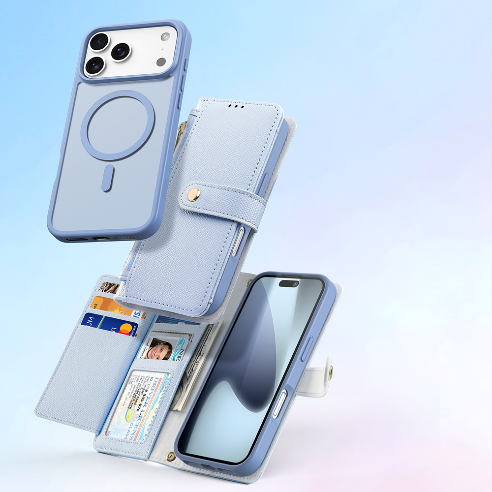 Чехол кошелек из кожи светло-синего цвета с MagSafe для iPhone 17 Pro, серия Lawa от Dux Ducis