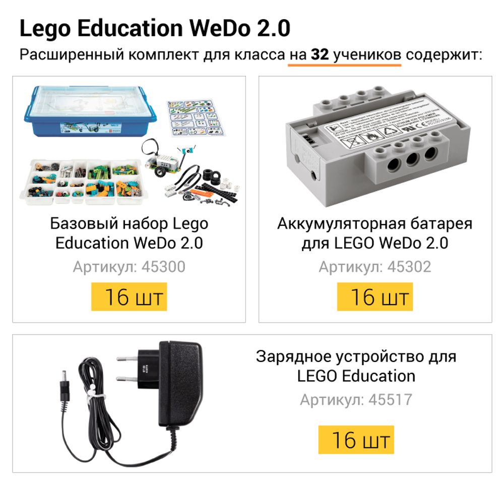 Расширенный комплект LEGO WeDo 2.0 для класса на 32 ученика Расширенный комплект LEGO WeDo 2.0 для класса на 32 ученика