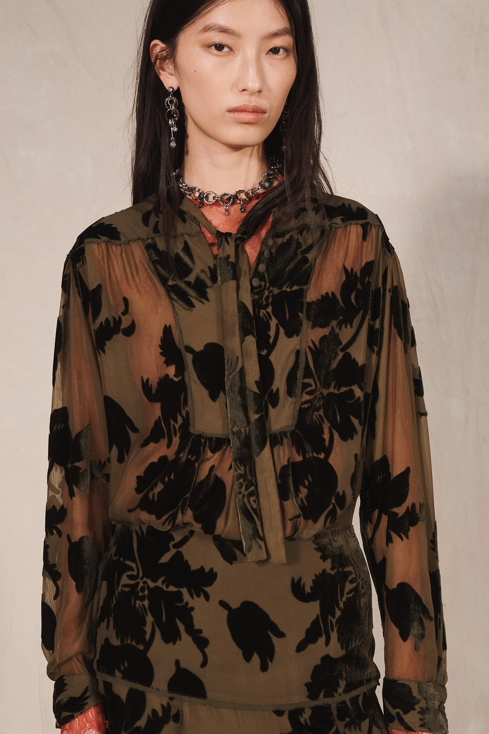 ZARA ПОЛУПРОЗРАЧНЫЙ ТОП С ЦВЕТОЧНЫМ ПРИНТОМ - LIMITED EDITION, ТЕМНО-ОЛИВКОВЫЙ
