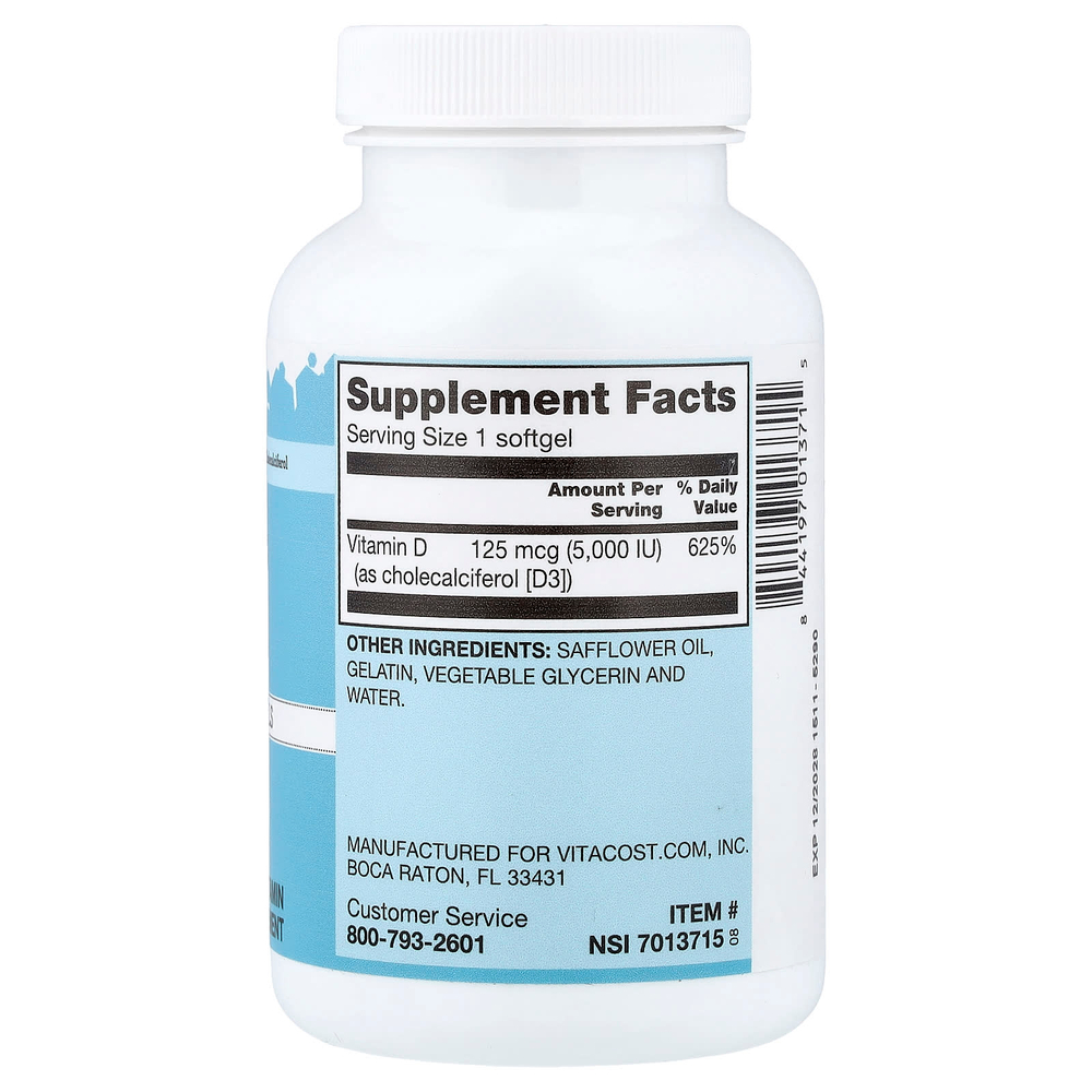 Vitacost, Vitamin D3, Mini Gels, 125 mcg (5,000 IU), 365 Softgels