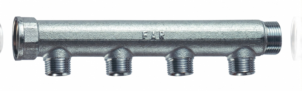Коллектор 1", ВР-НР, 4 отвода 1/2", НР, межосевое 50 мм FAR