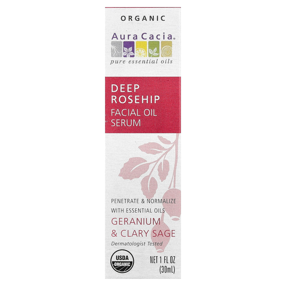 Aura Cacia, Органическая сыворотка для лица с эфирным маслом шиповника, герань и шалфей, 1 жидкая унция (30 мл)