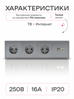 Розетка внутренняя тройная с ТВ и интернет серая