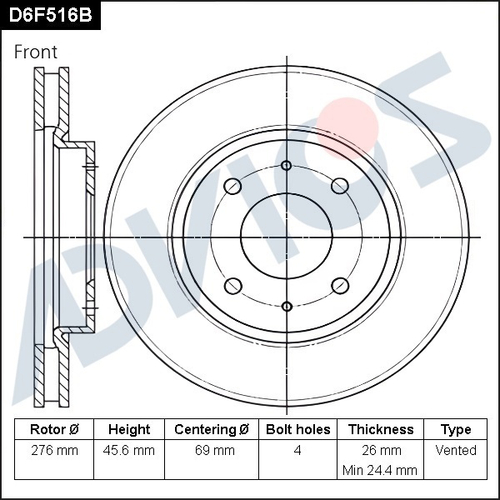 Диск тормозной пер. ADVICS D6F516B