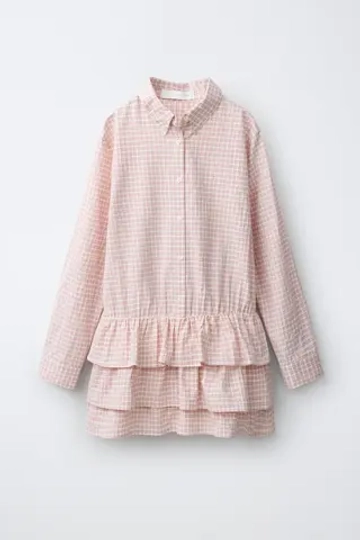 ZARA ПЛАТЬЕ-РУБАШКА В КЛЕТКУ С ОБОРКАМИ, РОЗОВЫЙ