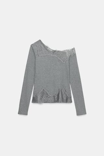 ZARA АСИММЕТРИЧНЫЙ ТОП С КРУЖЕВОМ, СЕРЫЙ МЕЛАНЖ