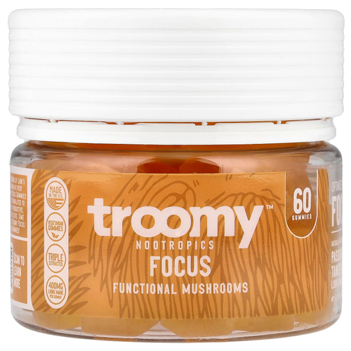 Troomy Nootropics, Focus, функциональные жевательные таблетки с грибами, со вкусом маракуйи и мандарина, 60 жевательных таблеток