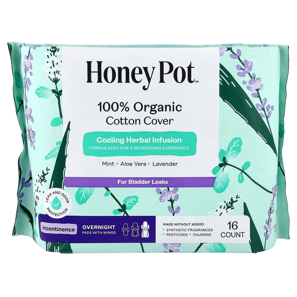 The Honey Pot Company, Покрытие из 100% органического хлопка, травяные прокладки с крыльями, при недержании на ночь, 16 шт.