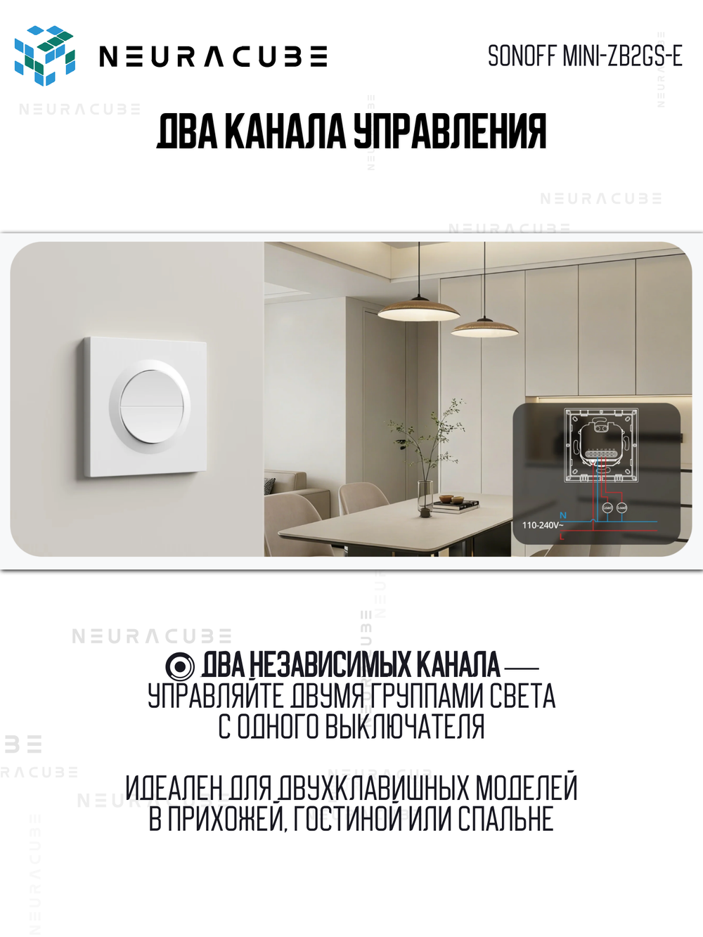 Двухканальный Zigbee выключатель SONOFF MINI-ZB2GS-E (Работает с Алисой, Сбер Салют)